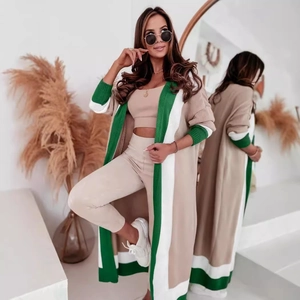 Women Oversized Knit Cardigan Contrast Color Block Stripe Longline Sweater Coat With Pocket Loose V Neck Knitwear Outerwear