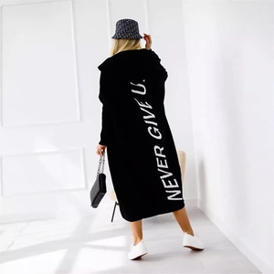Women's Casual Long Knitted Cardigan Hooded Letter Print NEVER GIVE UP Batwing Sleeve Loose Sweater Jacket Outerwear