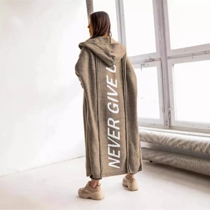 Long hooded knit cardigan in taupe featuring white NEVER GIVE UP print on the back