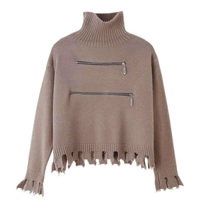 Maglione in maglia marrone a collo alto con cerniere in metallo e orlo con frange vintage