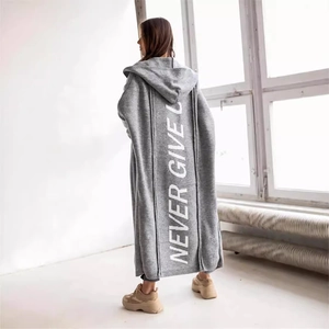 Grey longline hooded knit cardigan with white NEVER GIVE UP print on the back