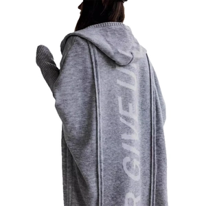 Women long grey hooded knit cardigan with white VER GIVE UP letter jacquard on back