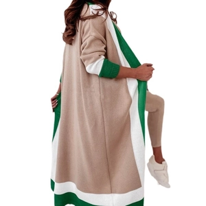 Long knitted cardigan sweater in khaki, white, and green patchwork with loose fit