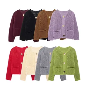 Cardigan Décontracté pour Femmes en Maille Ajourée Tricot Élégant Pull à Manches Longues Avec Boutons Dorés Et Poches
