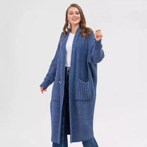 Women's blue long knit cardigan sweater with open front design and dual pockets
