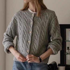 Grey retro cable knit cardigan for women with round neck and vintage metallic buttons