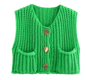 Close-up of vibrant green V-neck knitted vest featuring gold buttons and ribbed texture