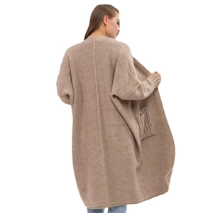 Women's oversized knit cardigan sweater in camel with large pockets and long length
