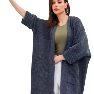 Women's dark grey oversized long knit cardigan with drop shoulders and large pockets