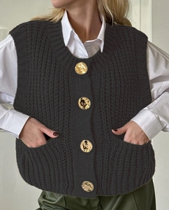 Detailed view of the coarse knit texture and vintage gold buttons on the dark grey vest