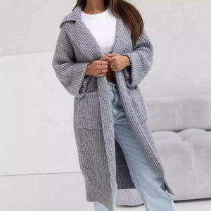 Cardigan in Maglia Oversize da Donna Cappotto Maglione a Media Lunghezza con Revers e Tasche Tinta Unita Manica Lunga