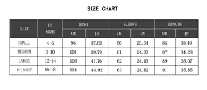 Tabella taglie per cardigan in maglia con misure US da S a XL in centimetri e pollici