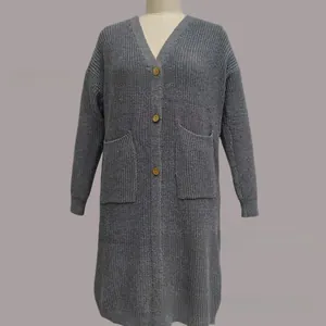 Close-up of chunky grey knit cardigan featuring textured fabric and natural wooden buttons