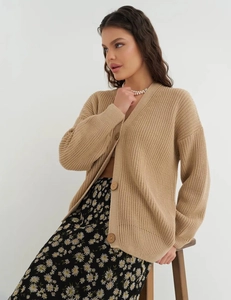 Detail of beige chunky knit cardigan showing wood buttons and textured stitch design