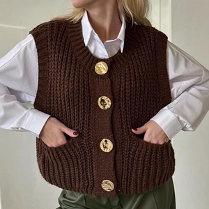 Women's Knit Vest Sleeveless Round Neck Solid Cardigan Knitted Waistcoat With Metal Buttons Pockets Fashion Commuter Top