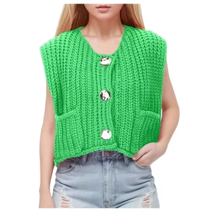 Gilet en Tricot pour Femmes Décontracté Col en V Cardigan Sans Manches Couleur Unie Avec Poches Et Boutons Pull Acrylique
