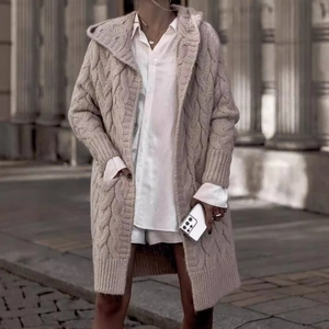 Women Casual Loose Cable Knit Hooded Cardigan Mid-Length Long Sleeve Open Front Knitted Sweater Coat With Pockets Solid Color Outerwear