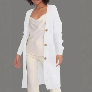 Women's long sleeve white knit cardigan with buttons and pockets in a relaxed style