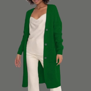 Loose fit dark green long knit cardigan with buttons and pockets for women casual style