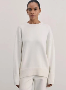 Detail shot of a white knit sweater showing the crewneck and soft ribbed wool texture