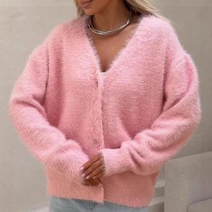 Cardigan da Donna in Ecopelliccia di Visone Scollo a V Manica Lunga Maglione in Maglia Caldo Casual Elegante Top
