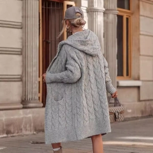 Women's grey cable-knit long cardigan with large hood and side pockets for autumn