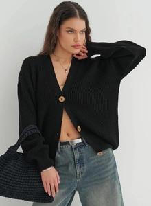 Close-up of black oversized knit cardigan featuring round wooden buttons and V-neck detail