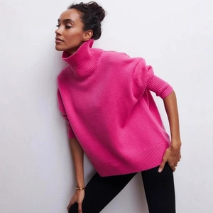 Pull à col roulé oversize rose fuchsia avec poignets côtelés pour la mode d'hiver