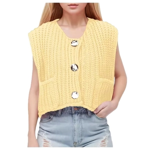 Gilet en maille sans manches pour femme avec col en V et trois boutons jaune clair