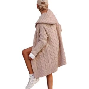 Women's beige hooded knit cardigan with chunky cable patterns and long loose silhouette