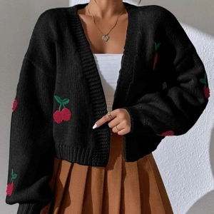 Women's black knit cardigan with cherry embroidery and loose open-front casual style