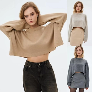 Women's cropped ribbed knit sweater with long sleeves and crew neck in neutral colors