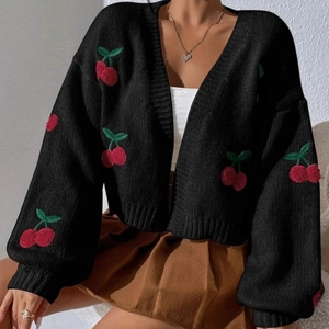 Women's black knit cardigan with cherry embroidery, loose casual long sleeve style