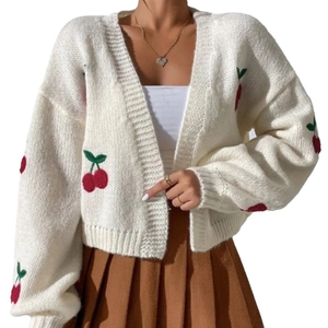 Cream knit cardigan with cherry embroidery and V-neck, casual loose fit for women