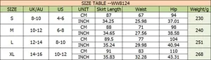 Tableau des tailles détaillé pour jupe en satin avec mesures en CM et pouces S-XL