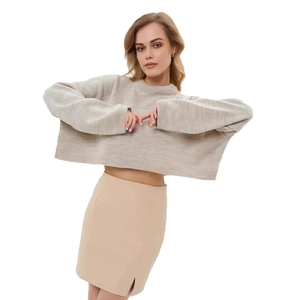 Women's sexy cropped beige knit sweater with round neck and loose fit fashion style