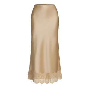 Détail de la jupe midi élégante en satin champagne avec bordure en dentelle délicate