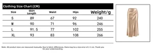 Detailed size chart for elegant champagne satin skirt with length and waist measurements