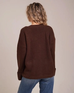 Rear view of a loose dark coffee knit cardigan showing thick texture and ribbed cuffs