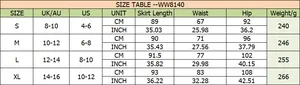 Detailed size chart for elegant satin pleated skirt including waist and length measurements