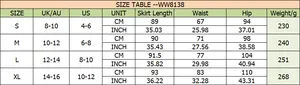 Tableau des tailles détaillé pour jupe en satin taille haute avec mesures US, UK et AU