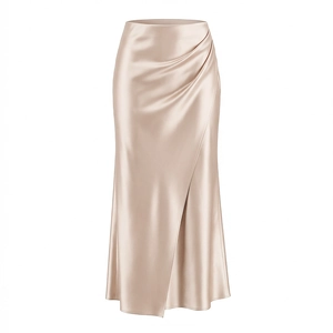 Detail of champagne satin midi skirt showing elegant draped ruching and silky texture