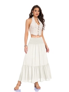 Detail of bohemian cream white two-piece set featuring frayed hem vest and pleated skirt