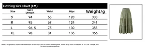 Detailed size chart for high elastic waist tiered maxi skirt in olive green