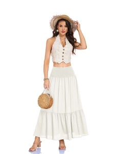 Close-up of high waist elastic smocked tiered skirt and halter top with button details