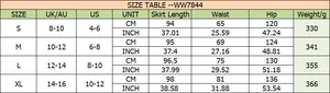 Detailed size chart for high elastic waist tiered long skirt with CM and INCH measurements
