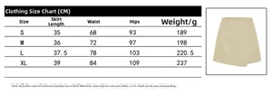 Detailed size guide table for asymmetric mini skirt shorts showing CM measurements
