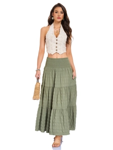 Detail of bohemian smocked waist and tiered ruffles on a sage green maxi skirt