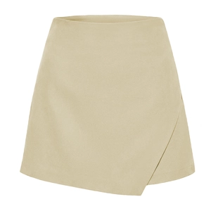 Detail of light khaki asymmetric wrap skort with subtle fabric texture and clean seams