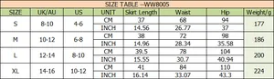 Detailed size chart for high waist wrap skort including length and waist measurements